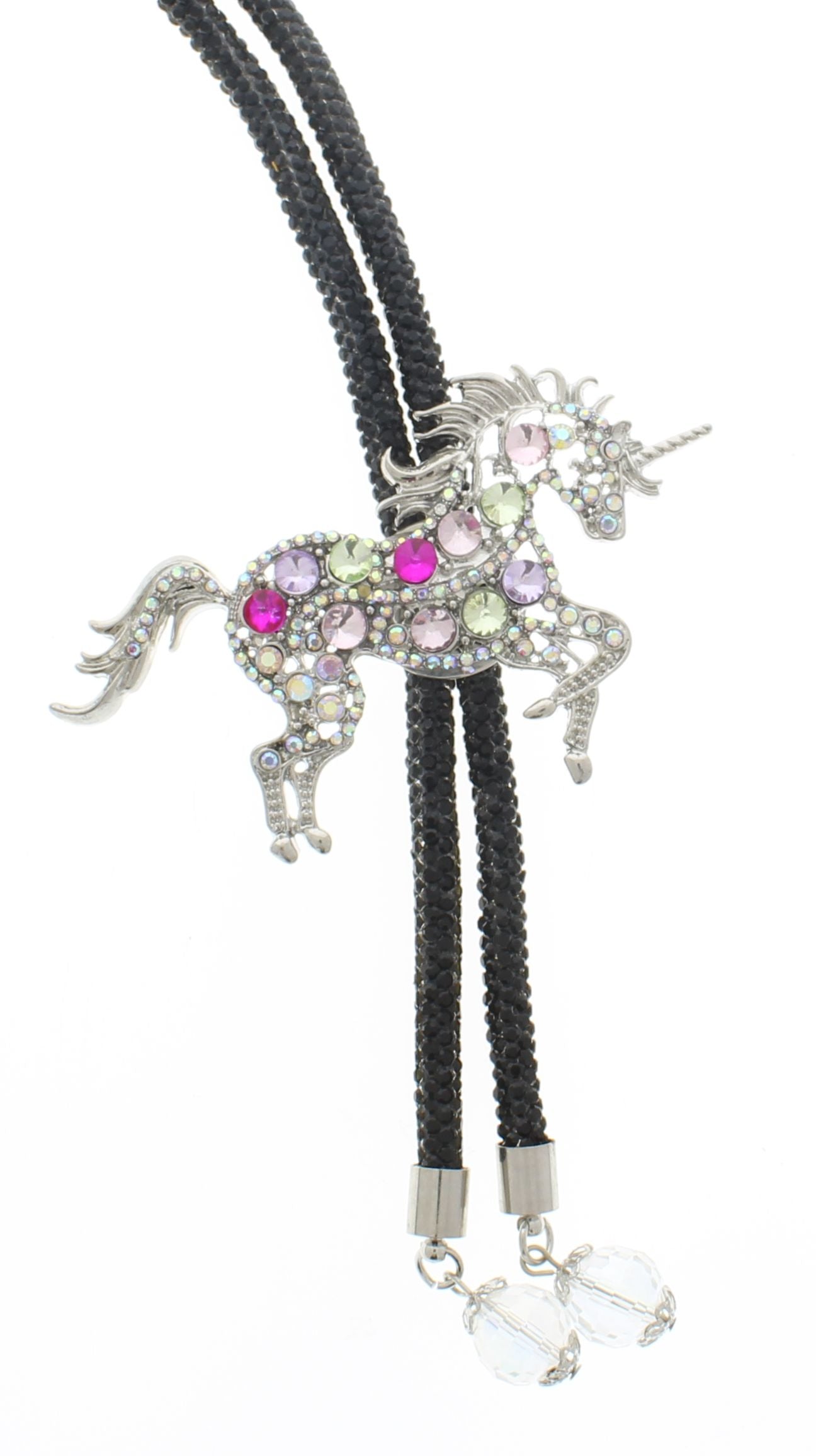 Jeweled Unicorn Bolo Tie, 36" black gemstone cord, made in USA, each