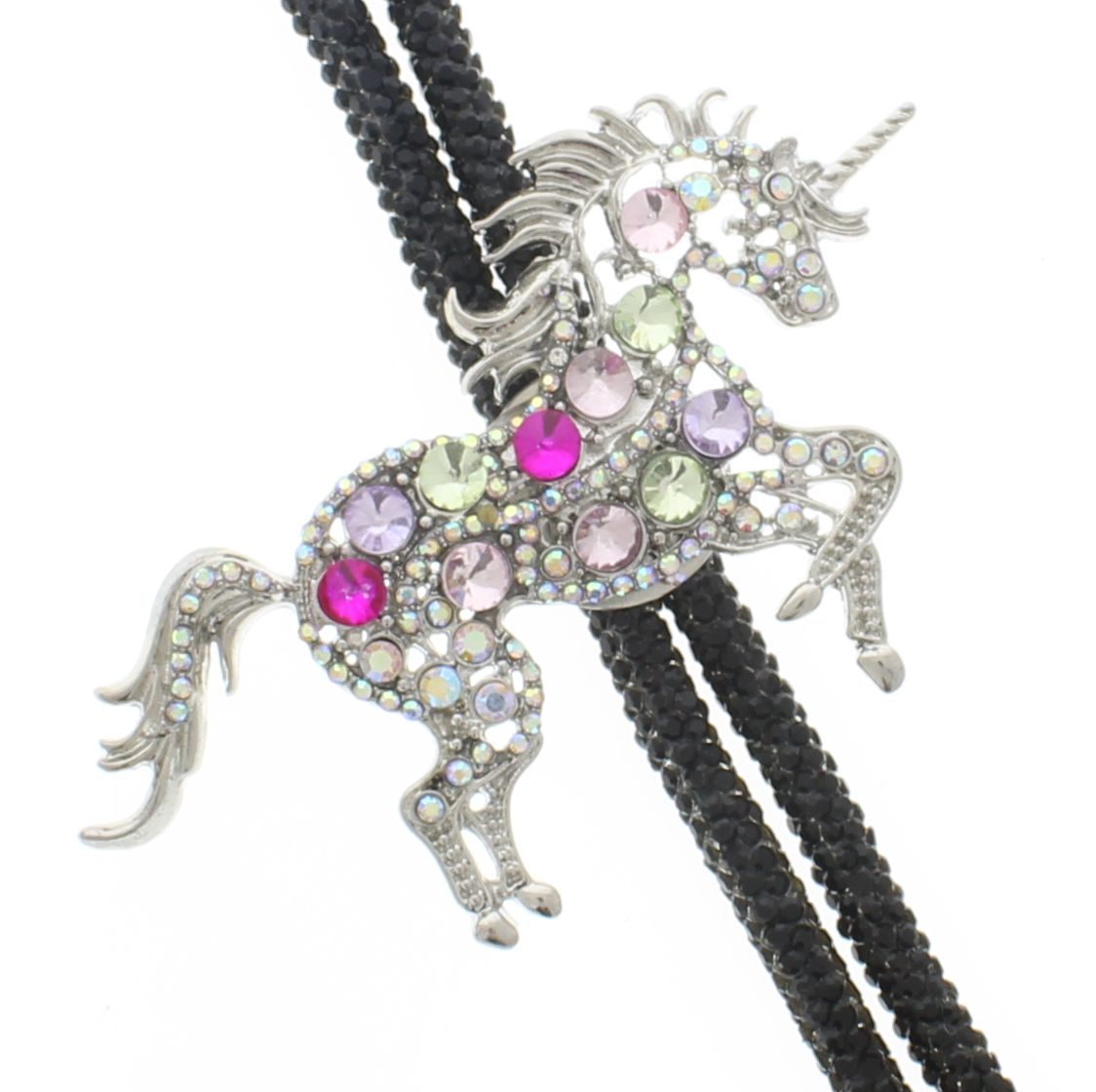 Jeweled Unicorn Bolo Tie, 36" black gemstone cord, made in USA, each