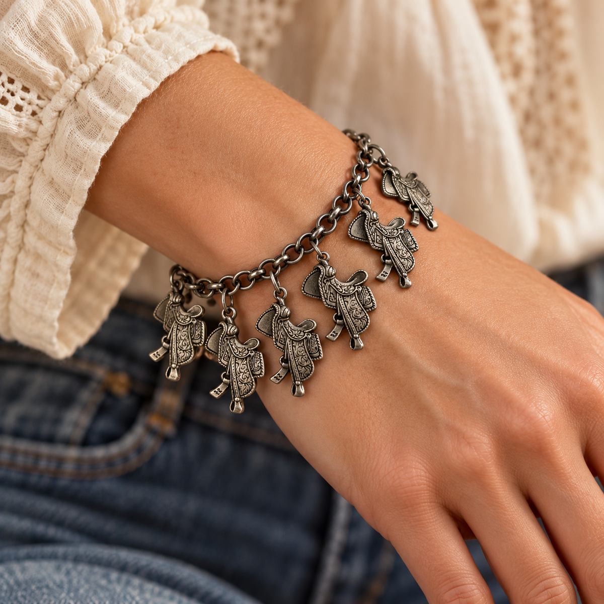 Western Saddle Charm Bracelet, Antique Silver Tone Chain Bracelet, Cowgirl Jewelry, Equestrian Gift for Horse Lovers