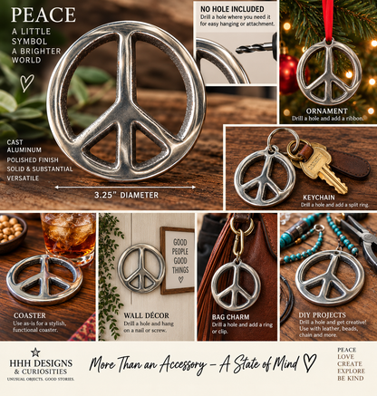 Cast Aluminum Peace Sign 3.25” – Polished Silver Peace Symbol – Ornament, Coaster, Keychain Blank, DIY Craft Supply
