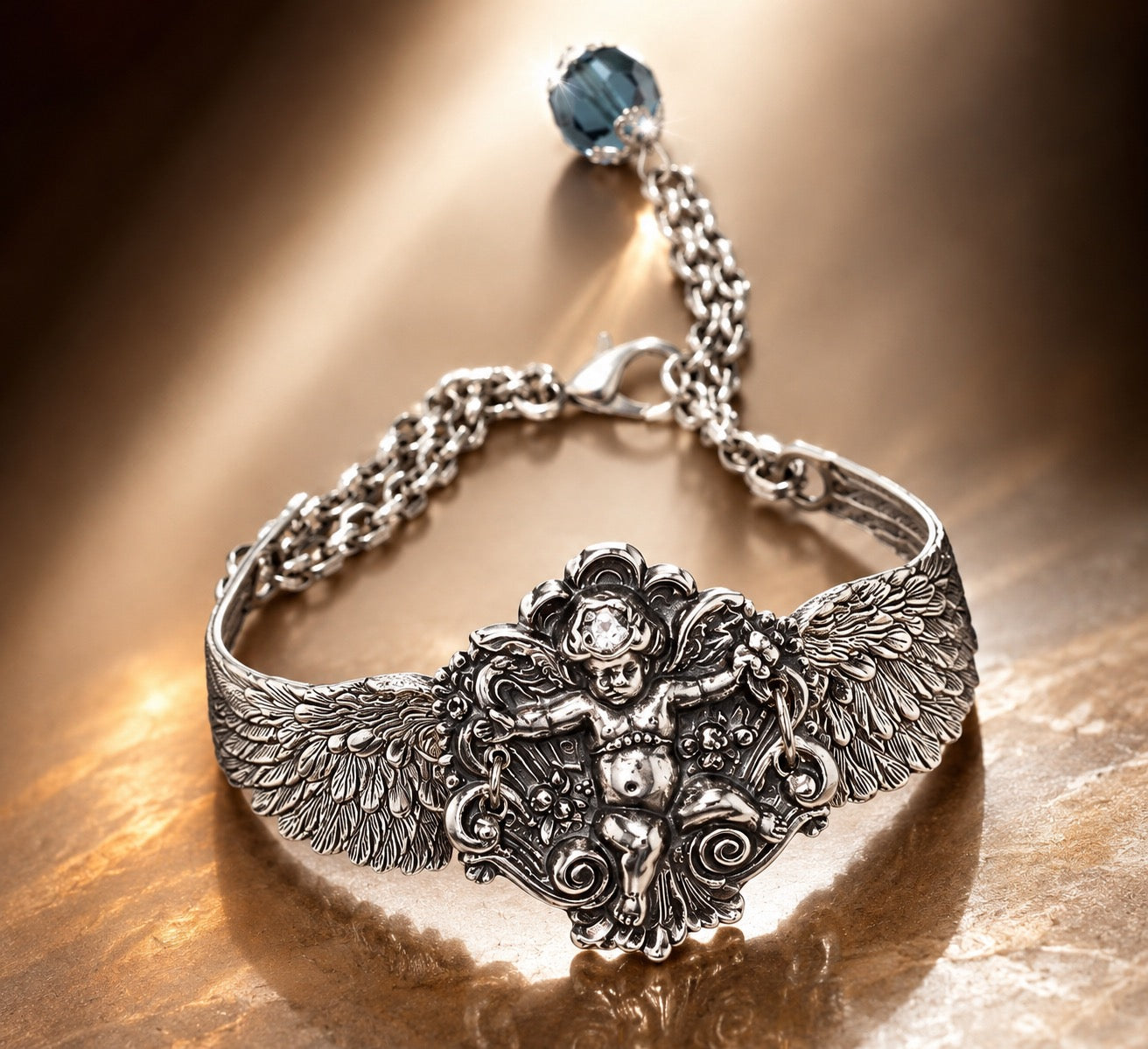 Cherub Feather Wing Bracelet with single faceted crystal bead, Antique Gold or Silver, each