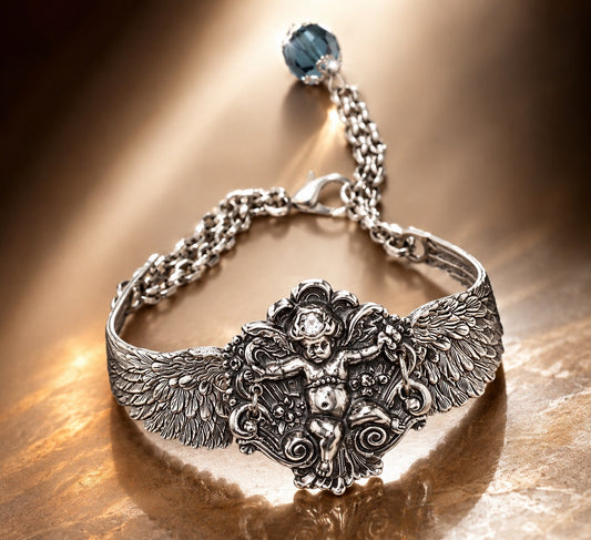 Cherub Feather Wing Bracelet with single faceted crystal bead, Antique Gold or Silver, each