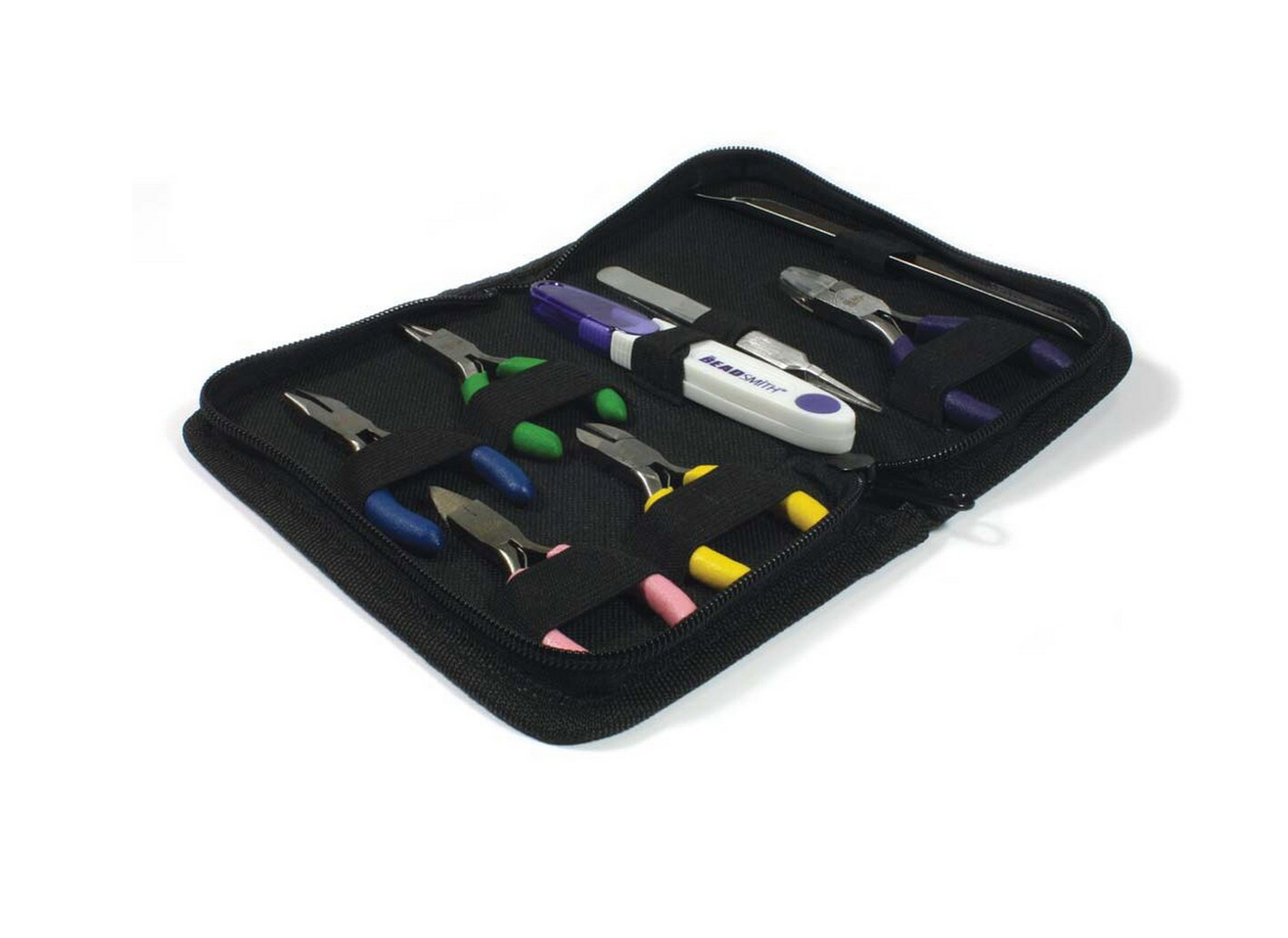 BeadSmith Mini Color Tool Set, Pliers, Cutters, Tweezer, File, with carrying case, 8 piece set