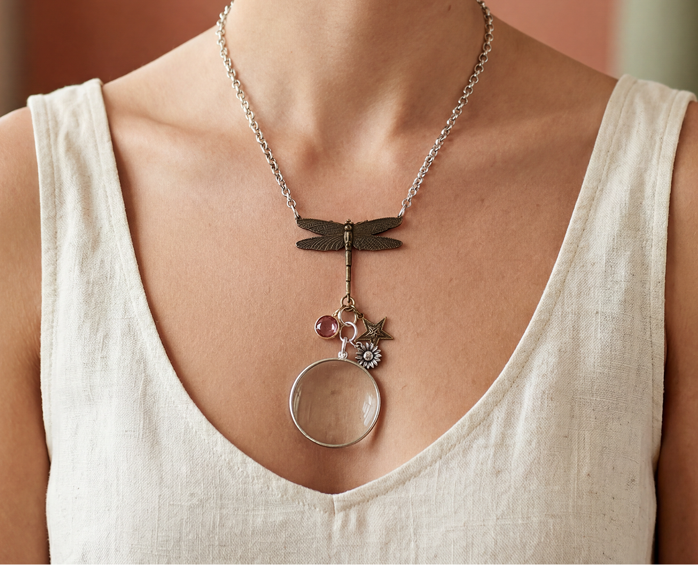 Dragonfly Starlight Monocle Necklace, made in USA, each