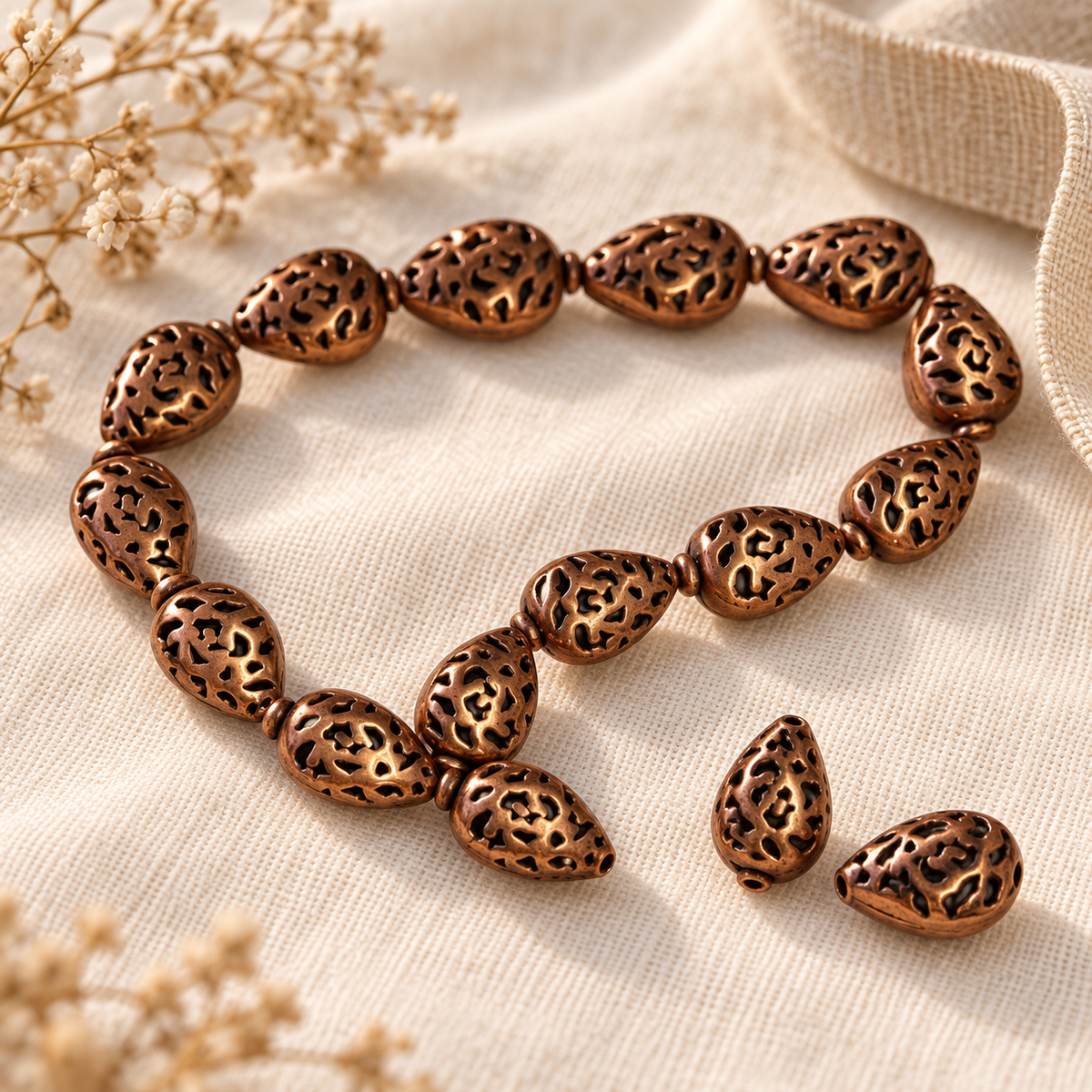 Antique Copper Filigree Teardrop Beads, 20x13mm, Pierced Metal Beads, Approx. 15 Beads per Strand, Jewelry-Making Supplies