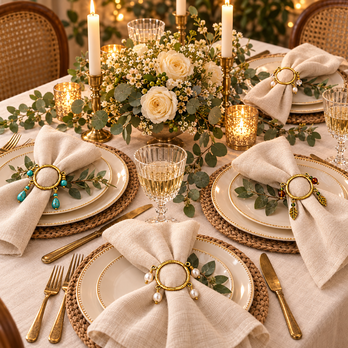 Gold Napkin Ring Findings with 5 Loops, Beaded Napkin Ring Blanks, DIY Wedding Table Décor, Jewelry Craft Supply, pk of 4