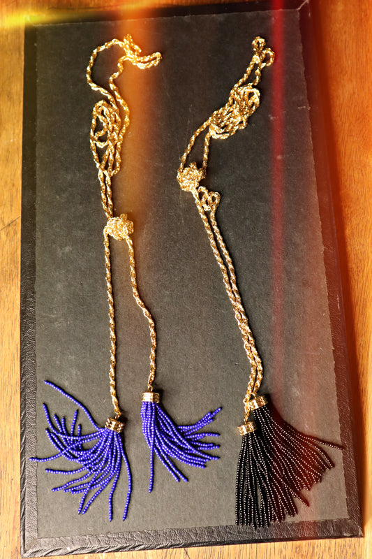 Gold Knot Necklace with Blue or Black Beaded Fringe Tassels