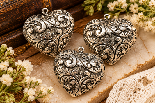 Set of 3 Vintage Ornate Heart Findings – USA Plated Antique Silver – Flat Back Heart Brooch Components – Jewelry & Craft Supplies