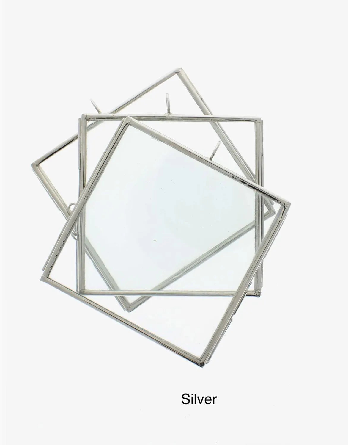 3 x 3 Inch Square Glass Display Frame | Silver Tone Hanging Keepsake Frame for Pressed Flowers, Photos & Needlework, 3 ea