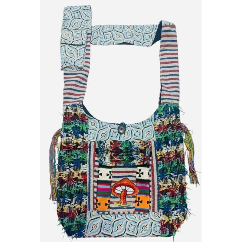 Fringed Boho Mushroom Shoulder Bag – Patchwork Woven Crossbody, each