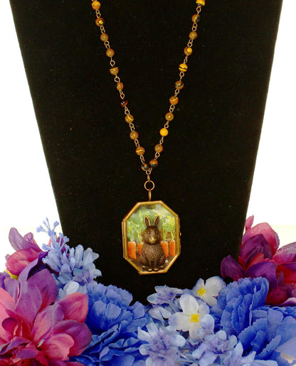 Vintage Bunny and Carrots Necklace – Whimsical Garden Pendant, made in USA, each