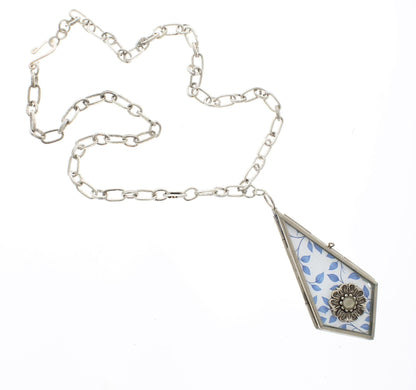 Geometric Blue Floral Necklace – Silver-Tone Pendant, made in USA, each