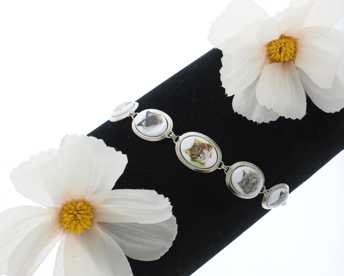 Vintage Cat Portrait Bracelet – Porcelain Cameo Style, made in USA, each