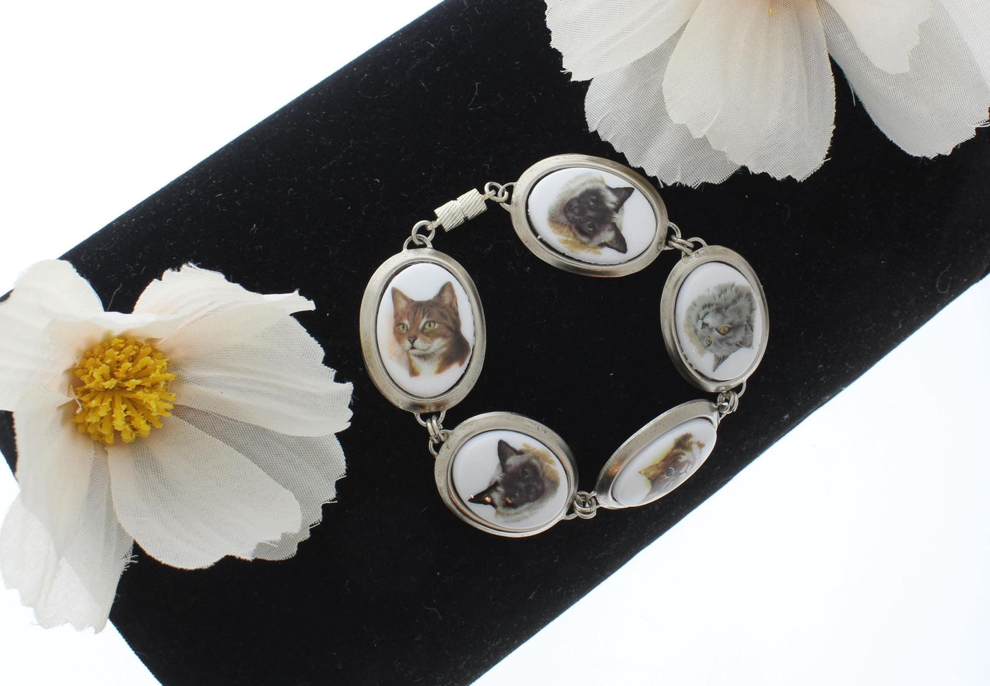 Vintage Cat Portrait Bracelet – Porcelain Cameo Style, made in USA, each