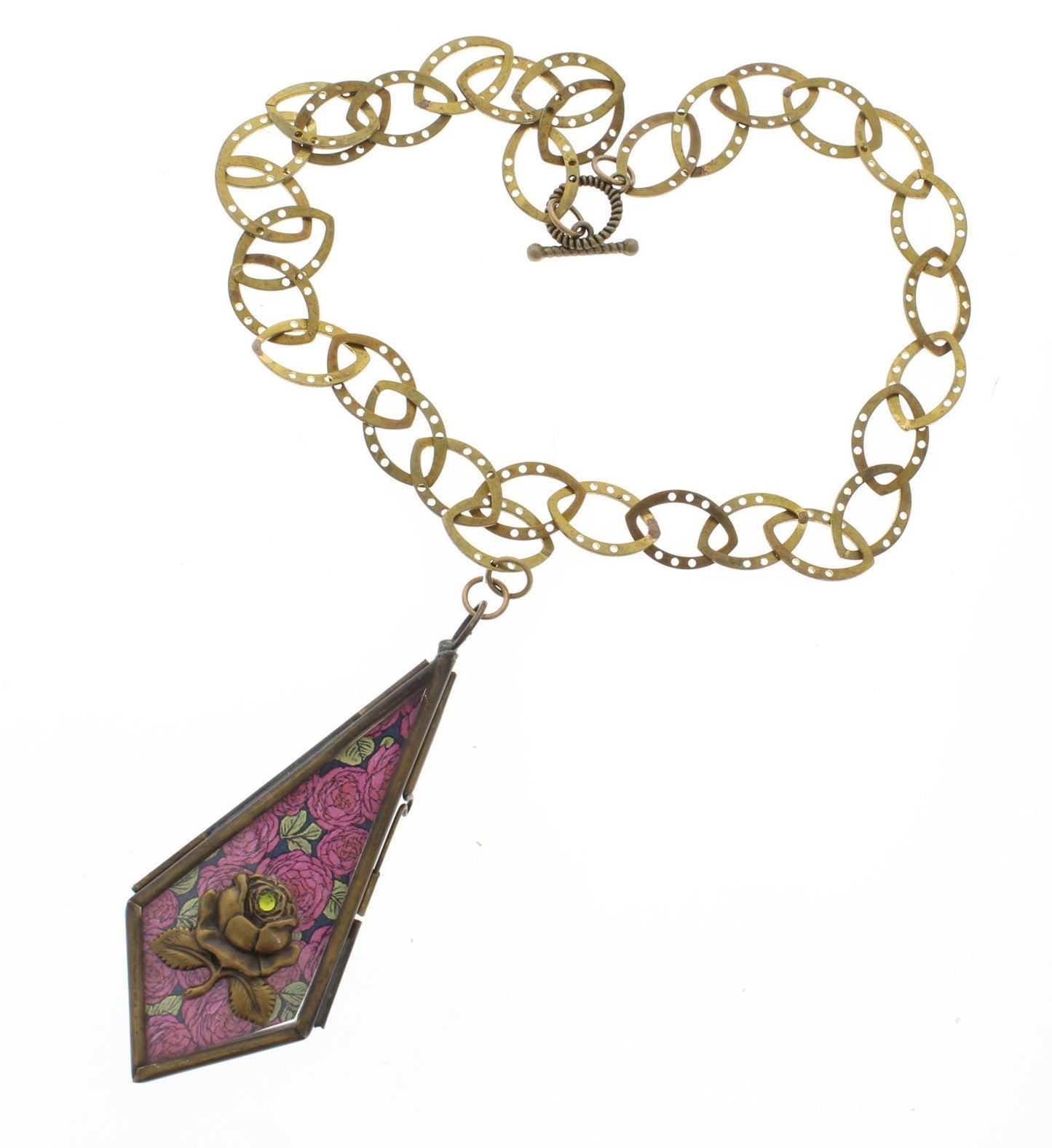 Geometric Rose Necklace – Vintage Brass Floral Pendant, made in USA, each