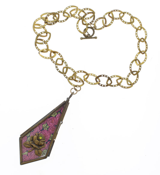 Geometric Rose Necklace – Vintage Brass Floral Pendant, made in USA, each