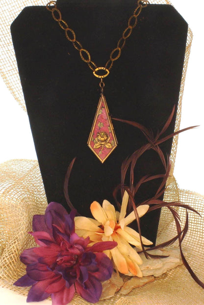 Geometric Rose Necklace – Vintage Brass Floral Pendant, made in USA, each