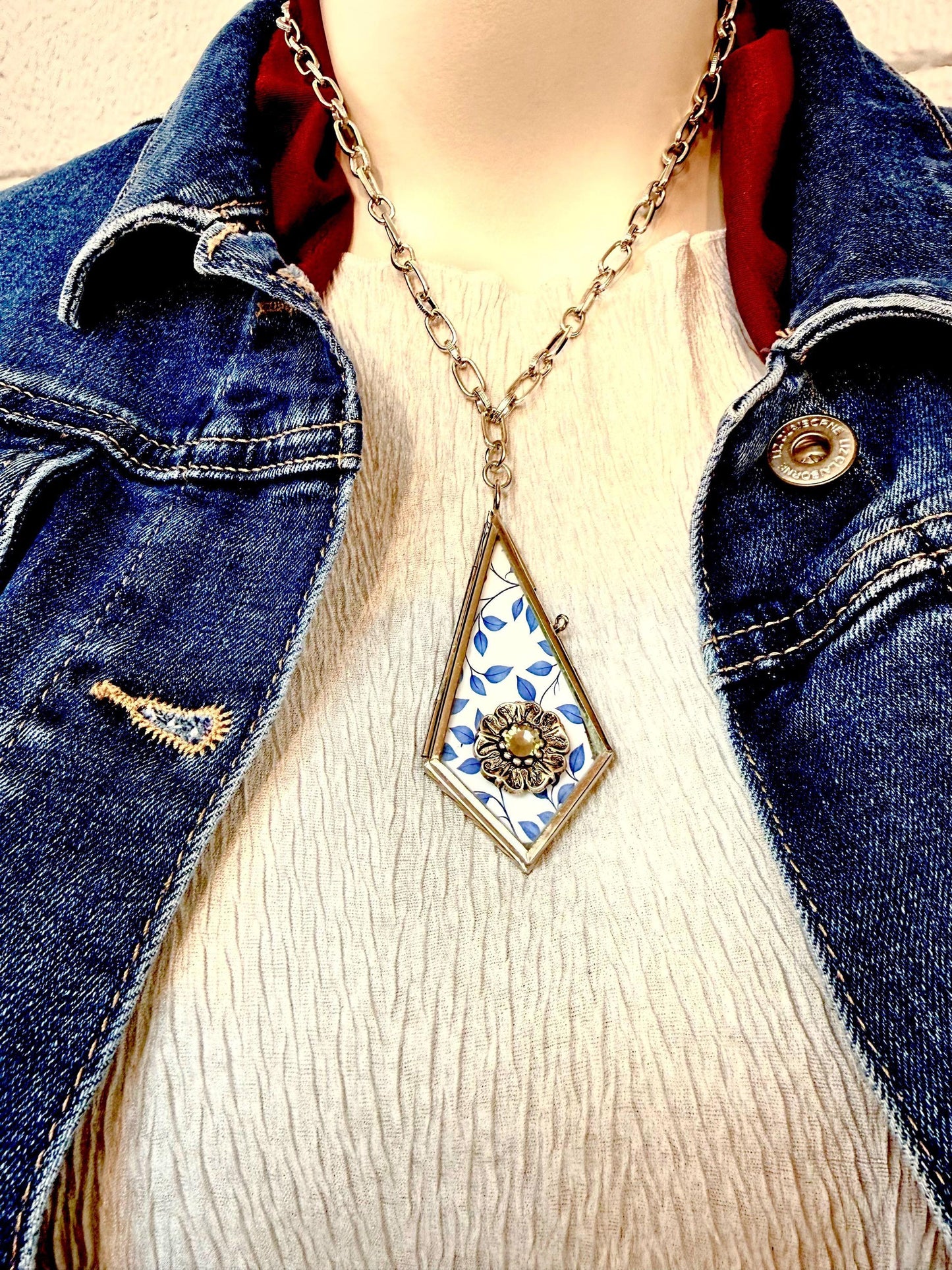 Geometric Blue Floral Necklace – Silver-Tone Pendant, made in USA, each