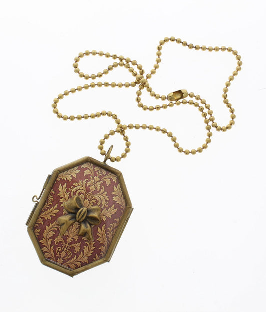 53mm x 41mm Vintage Red Damask Bow Pendant Necklace, made in USA, each