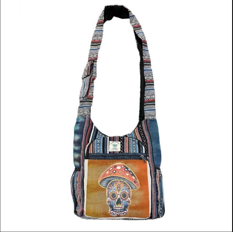 Boho Mushroom Skull Shoulder Bag – Hippie Woven Crossbody Tote, each