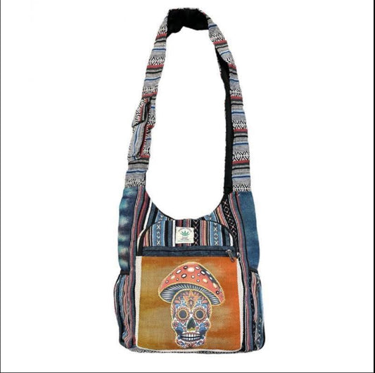 Boho Mushroom Skull Shoulder Bag – Hippie Woven Crossbody Tote, each