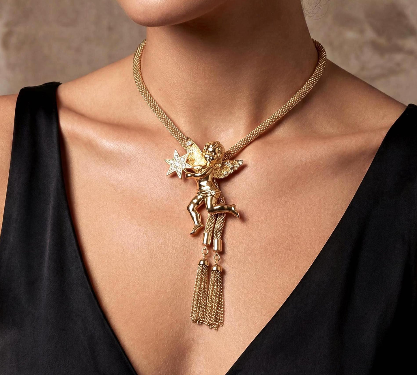 Golden Cherub Lariat Necklace, made in USA, each