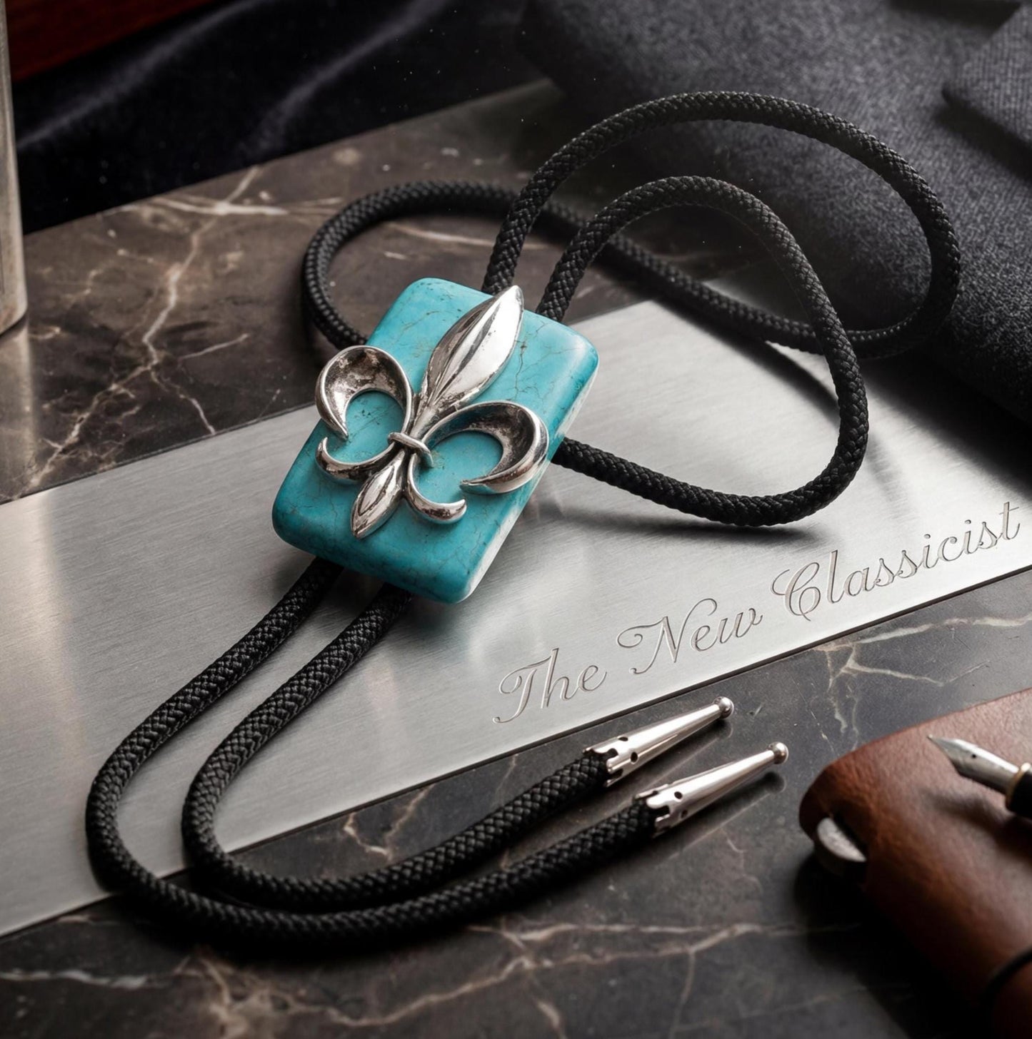 59mm x 46mm Fleur-de-Lis Turquoise Bolo Tie, made in USA, each