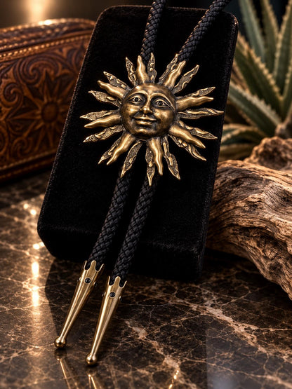 Argentine Sun Bolo Tie – Vintage Brass Sun Face Western Bolo | Handmade in USA | Statement Cowboy Neckwear | Unisex Gift