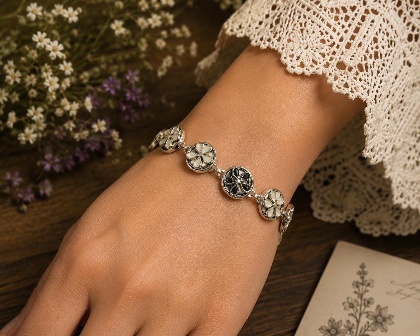 Floral Bloom Link Bracelet, made in USA, each