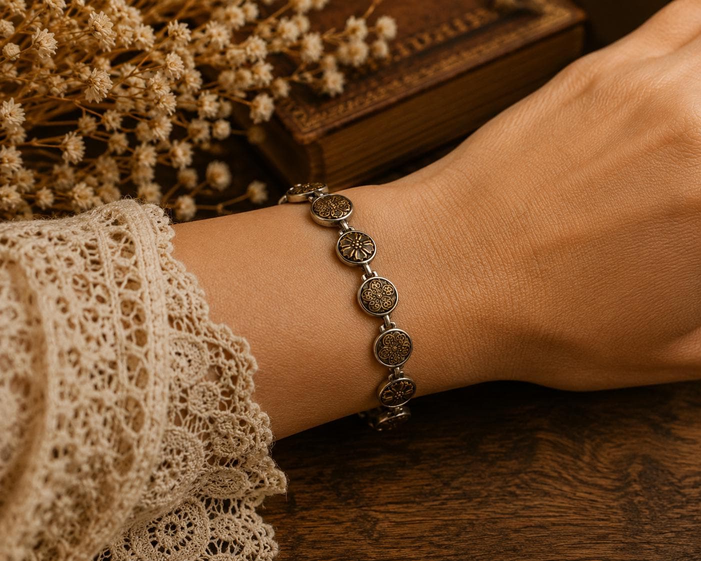 Vintage Floral Medallion Link Bracelet, made in USA, each