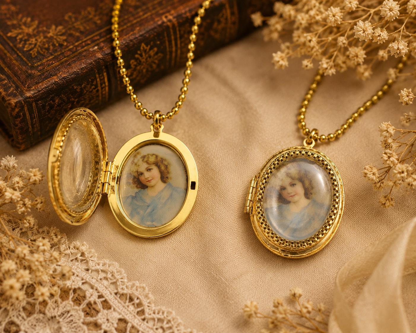 Golden Heirloom Portrait Locket Necklace, made in USA, each
