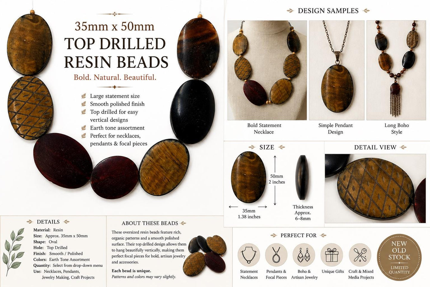 Large Oval Resin Beads – 35mm x 50mm – Top Drilled – Earth Tone Statement Beads