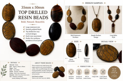 Large Oval Resin Beads – 35mm x 50mm – Top Drilled – Earth Tone Statement Beads