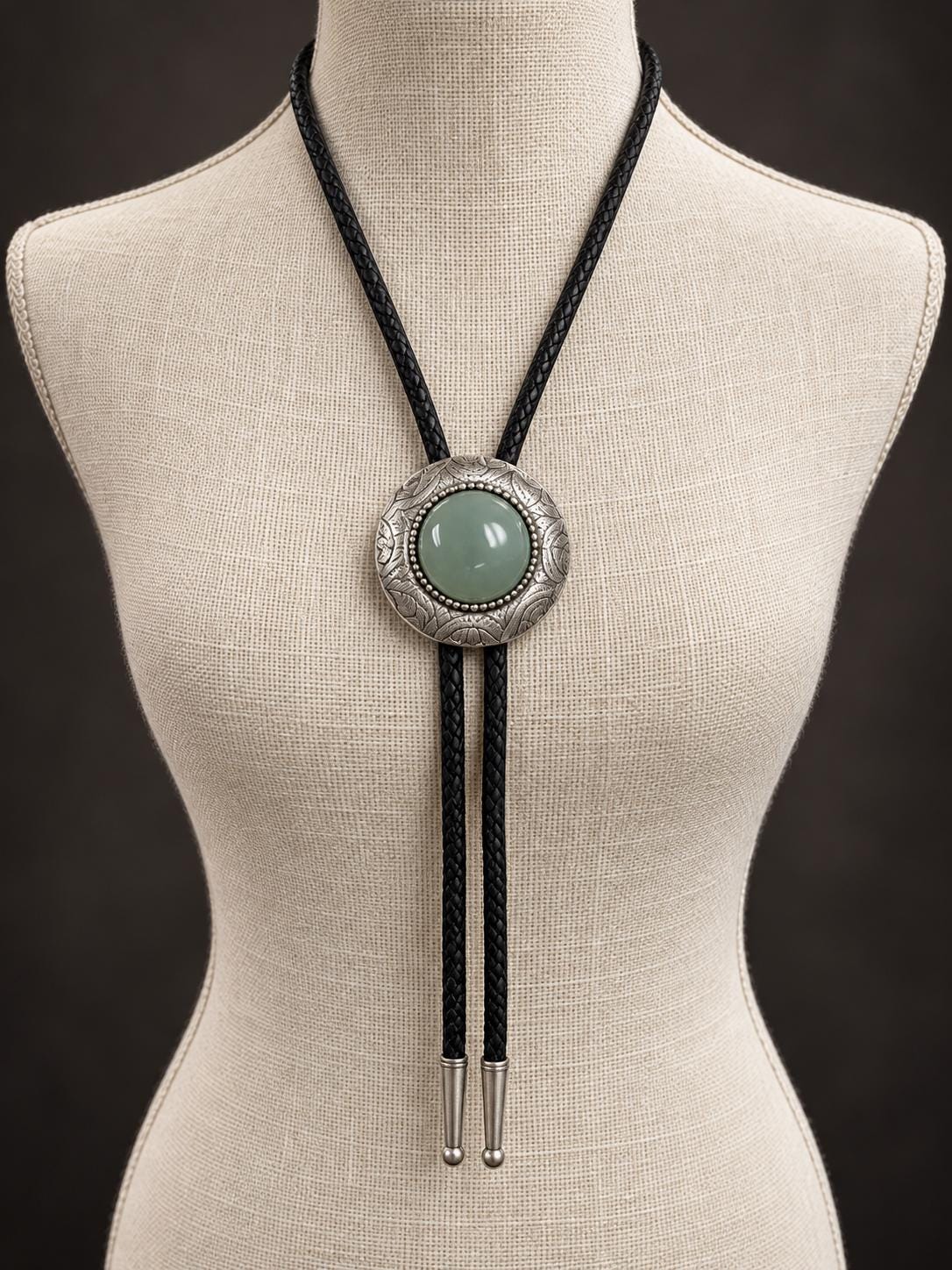 Jade Bolo Tie, Green Stone Western Necklace, Antique Silver Tone Floral Setting, Black Braided Cord, Unisex Western Jewelry