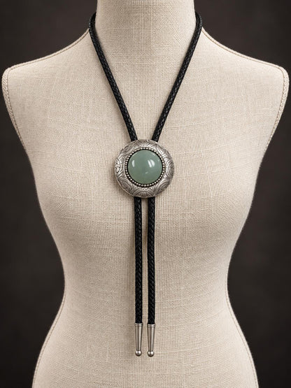 Jade Bolo Tie, Green Stone Western Necklace, Antique Silver Tone Floral Setting, Black Braided Cord, Unisex Western Jewelry