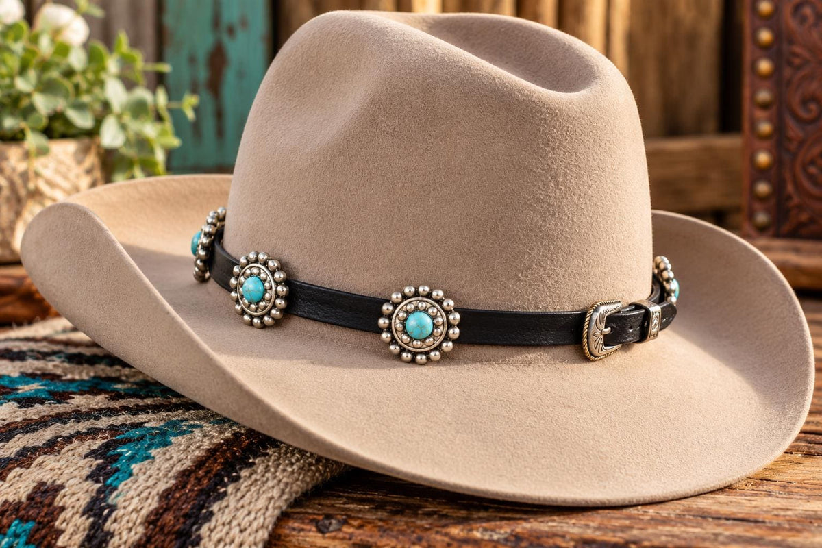 Turquoise Concho Western Leather Hat Band, made in USA, each
