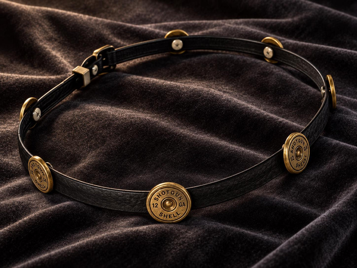 Shotgun Shell Hat Band, Black Leather Western Hatband with Antique Brass Tone Conchos, Cowboy Hat Accessory