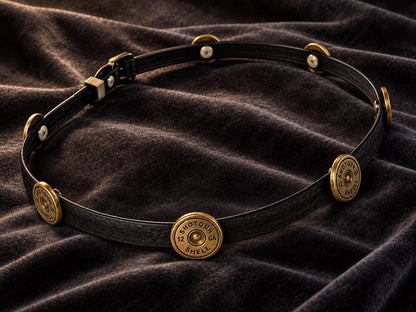 Shotgun Shell Hat Band, Black Leather Western Hatband with Antique Brass Tone Conchos, Cowboy Hat Accessory