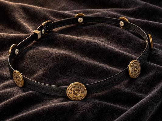 Shotgun Shell Hat Band, Black Leather Western Hatband with Antique Brass Tone Conchos, Cowboy Hat Accessory