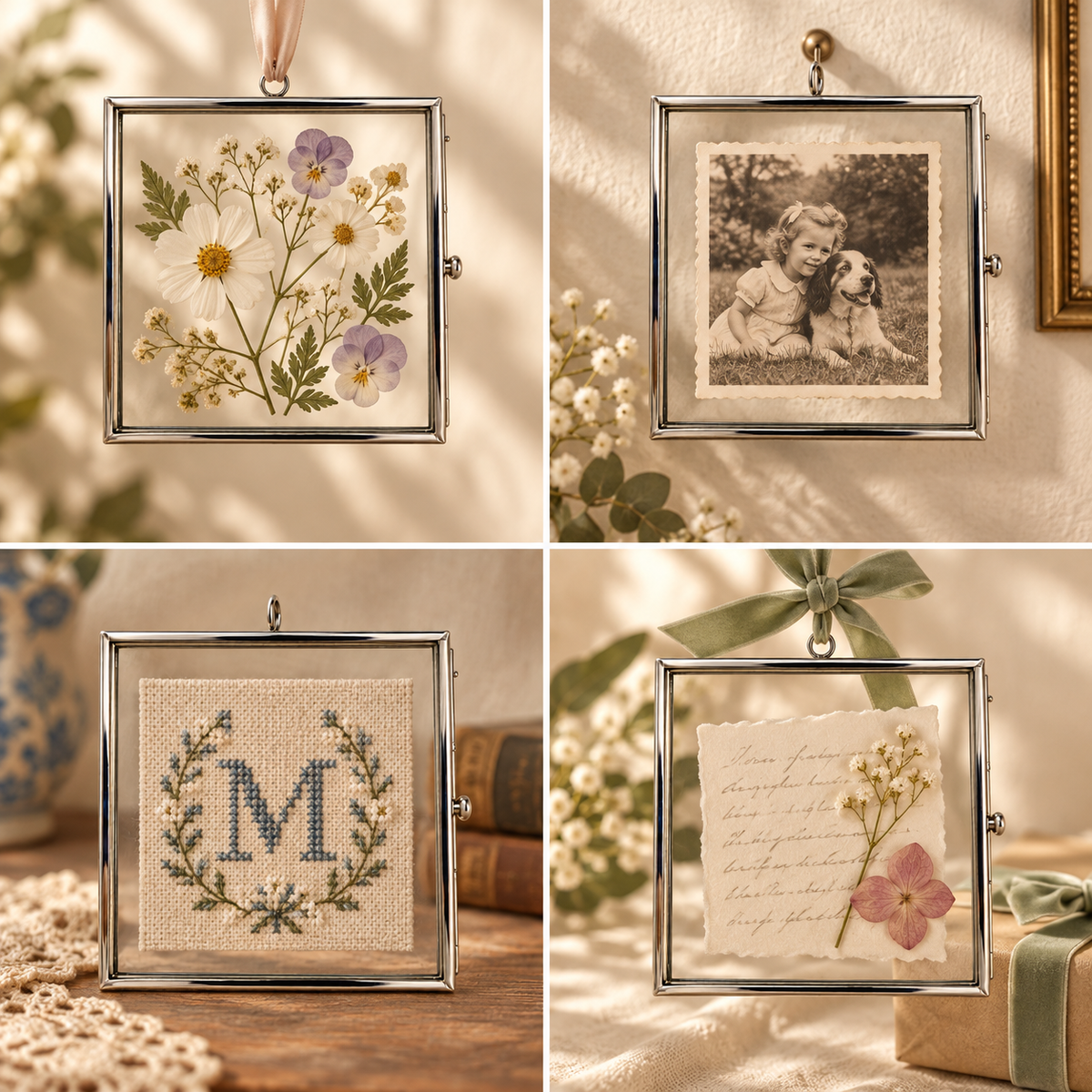 3 x 3 Inch Square Glass Display Frame | Silver Tone Hanging Keepsake Frame for Pressed Flowers, Photos & Needlework, 3 ea