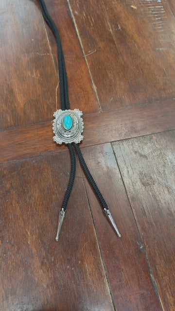 Stone Trail – Oval Turquoise Bolo Tie with Engraved Silver Clasp (size optional)