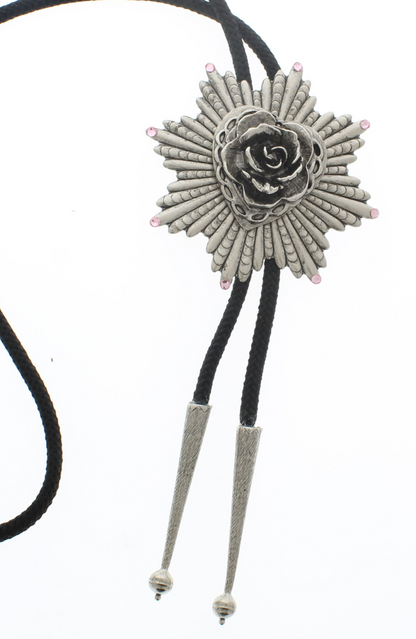 76mm Silver Starburst Rose Bolo Tie, made in USA, each