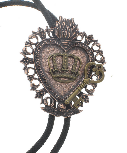 Flaming Heart Pendant with Crown and Key Bolo Tie, each