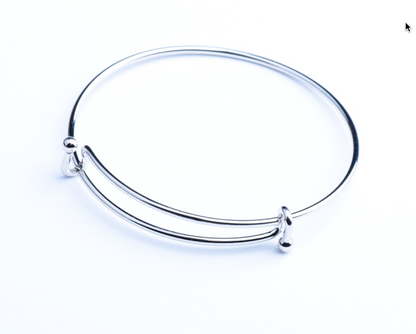 Wire Charm Bangle Bracelet, 55mm ID Silver Finish, double ball U clasp, ea