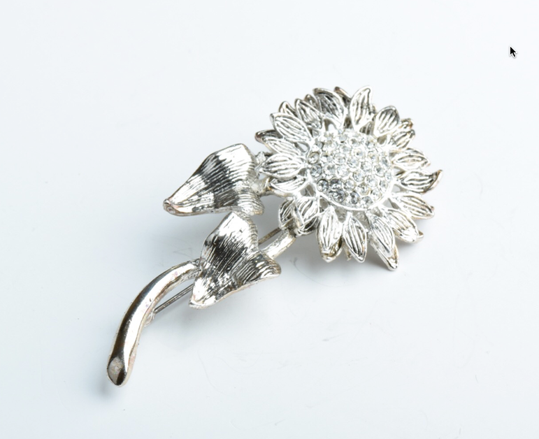 Silvertone and Crystal Flower Brooch, ea