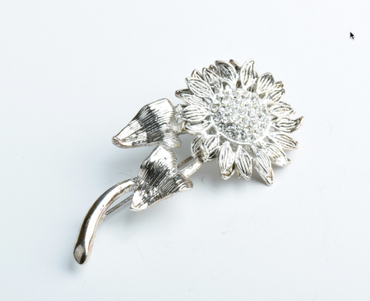 Silvertone and Crystal Flower Brooch, ea