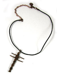 14in Barbed Copper Cross Pendant, Leather Cord Necklace wextender chain