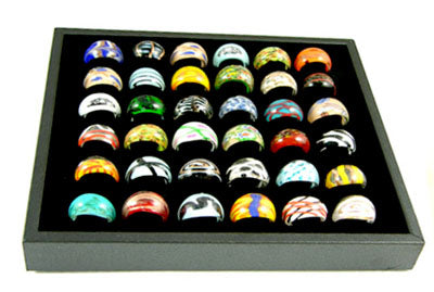 Murano Style Glass Rings 36 Piece Set in Display Tray, assorted sizes