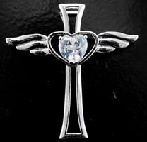 50x48mm Silver Winged Cross, Crystal Heart, ea