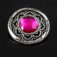 43mm Vintage Button, Round Filigree with Fuschia Cabochon. Antique Silver, 1 each